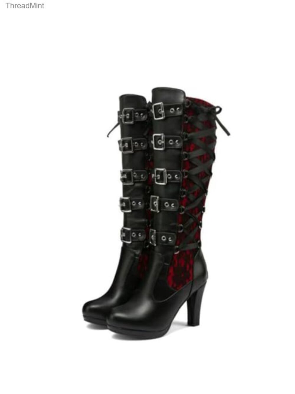 Victorian Lace Up Knee High Boots Kitten Heel Round Toe